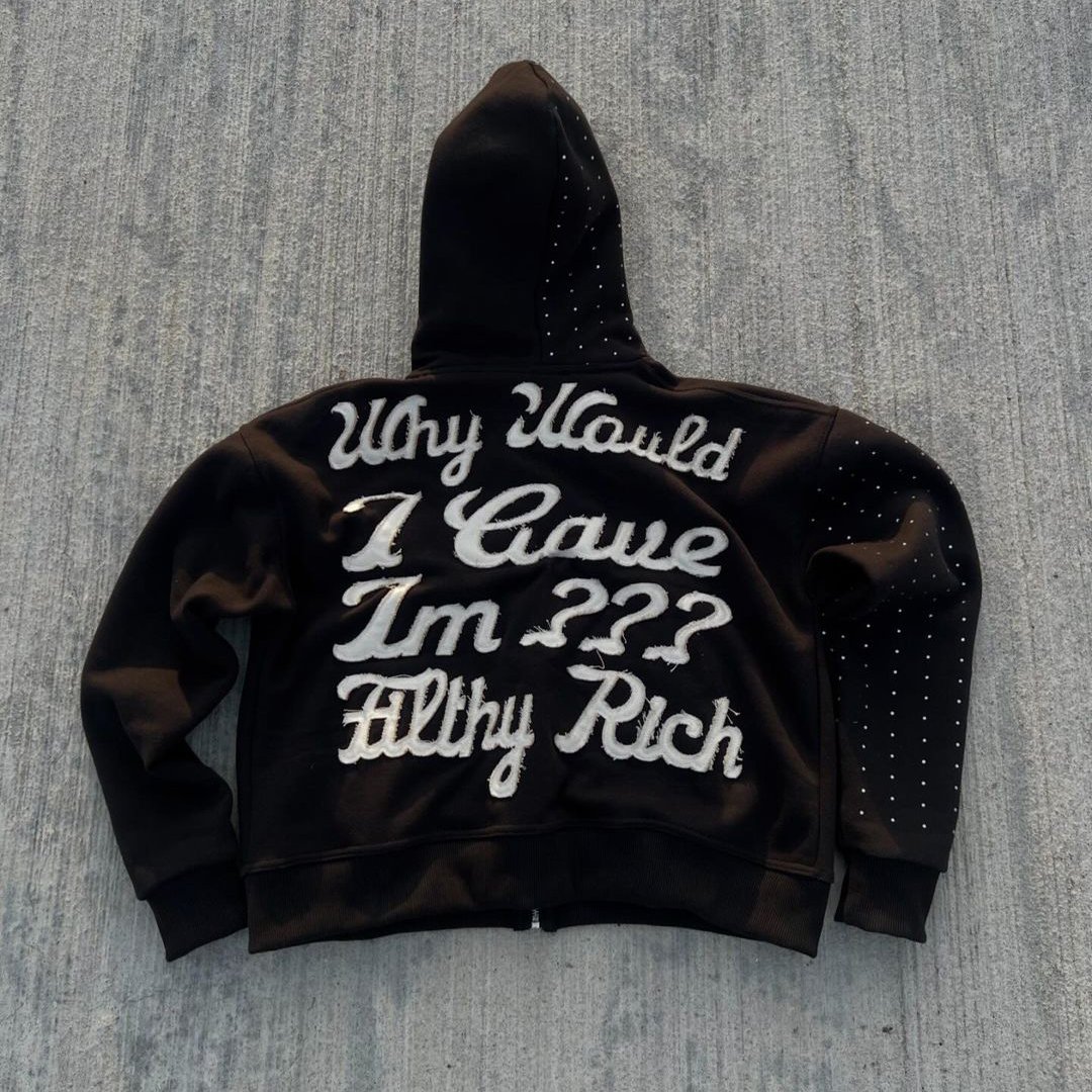 OEM Custom Distress Embroidery Patch Zip Up Tracksuit Acid Wash Rhinestone Sweatpants And Hoodie Set For Men