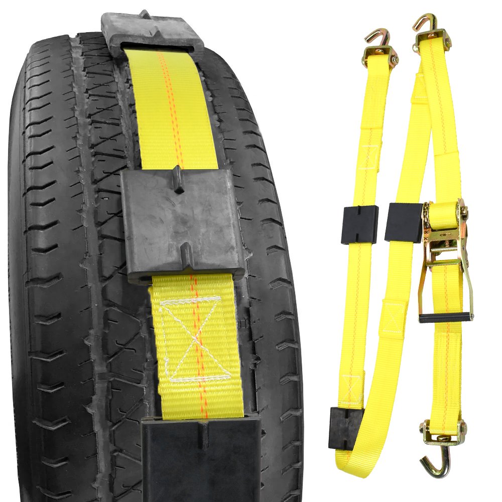 2" three rubber blocks cleats auto hauler car wheel tire ratchet tie down strap with swivel J hooks