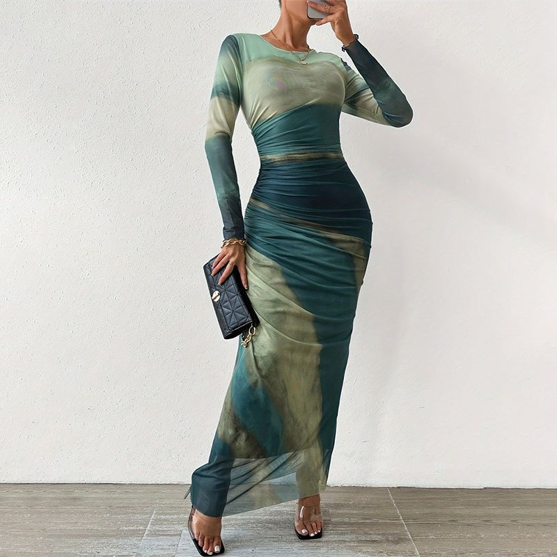 2024 New Fashion Custom Printed Women's Casual Long Sleeve Tie-dye Pleated Dress Slim Fitting Bodycon Dress