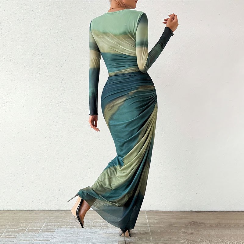 2024 New Fashion Custom Printed Women's Casual Long Sleeve Tie-dye Pleated Dress Slim Fitting Bodycon Dress