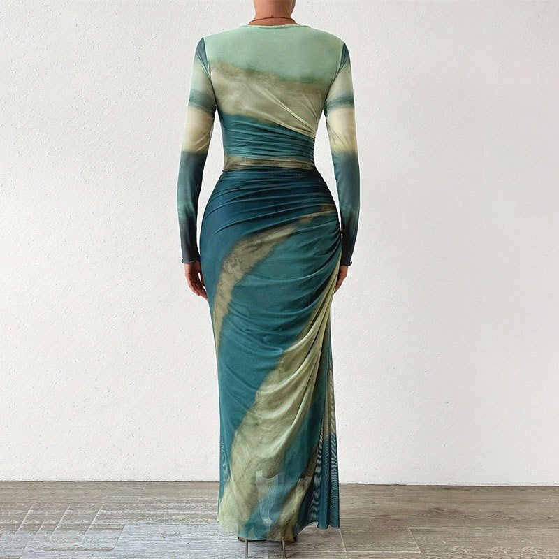 2024 New Fashion Custom Printed Women's Casual Long Sleeve Tie-dye Pleated Dress Slim Fitting Bodycon Dress