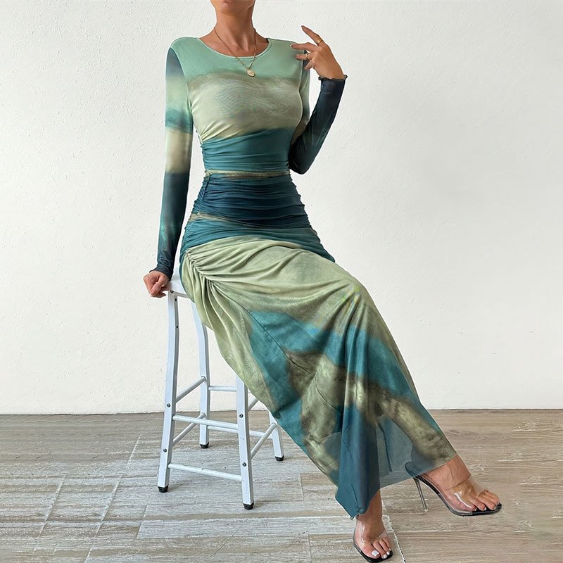 2024 New Fashion Custom Printed Women's Casual Long Sleeve Tie-dye Pleated Dress Slim Fitting Bodycon Dress