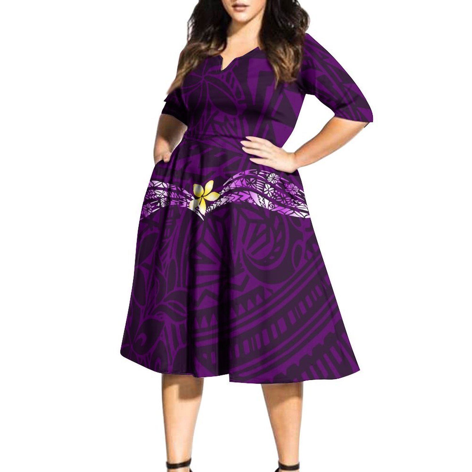 Hawaiian Style Plumeria Flower Print Short Sleeve V Neck Mid Casual Dresses Women Custom Plus Size Polynesian Dress With Pocket