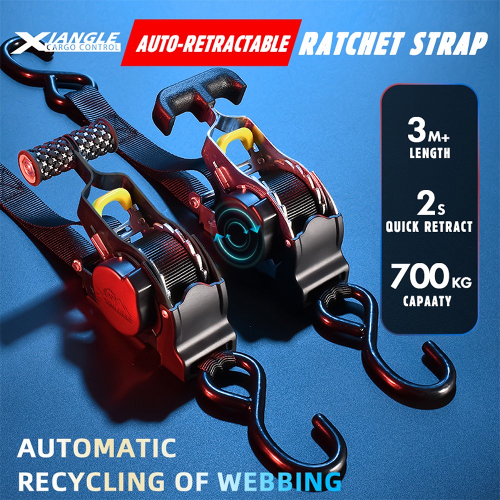 Dropshipping 2pk 25mm 10ft 1500Lbs 700kgs Self Retracting Auto Retractable Ratchet Tie Down Strap with S Hooks
