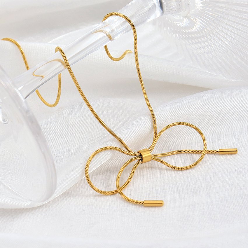 Fashion Minimalist Jewelry Bow Tie Necklace Stainless Steel Round Snake Chain Choker 18k Gold Plated Bow Necklace