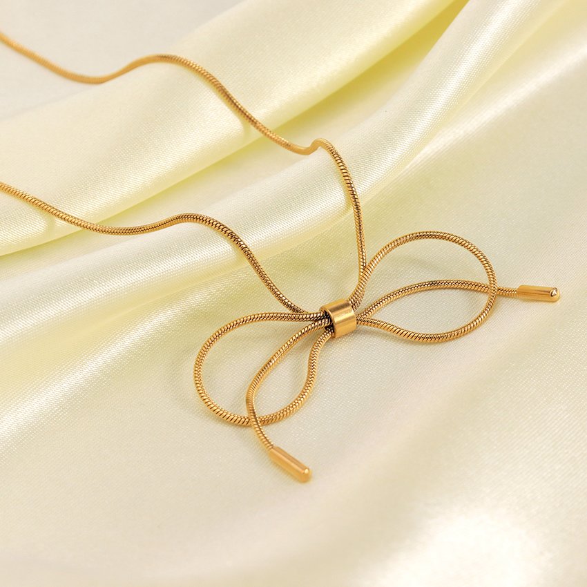 Fashion Minimalist Jewelry Bow Tie Necklace Stainless Steel Round Snake Chain Choker 18k Gold Plated Bow Necklace