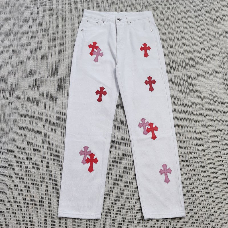 Luxury Brand Men's Vintage Jeans Heart Chrome Embroidered Cross Stitch Print Snap Button Patch Wholesale Leather Denim Pants