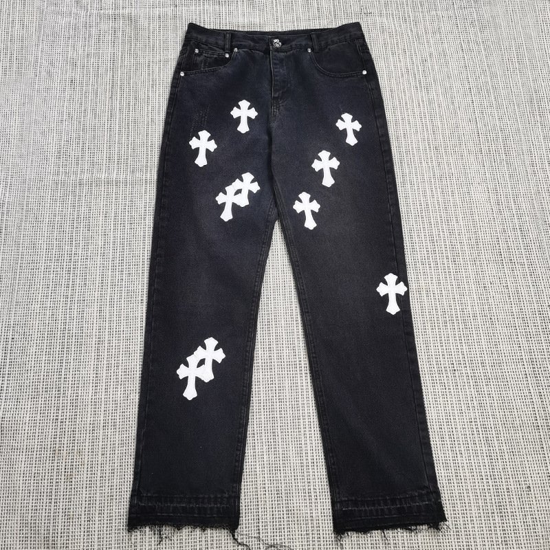 Luxury Brand Men's Vintage Jeans Heart Chrome Embroidered Cross Stitch Print Snap Button Patch Wholesale Leather Denim Pants