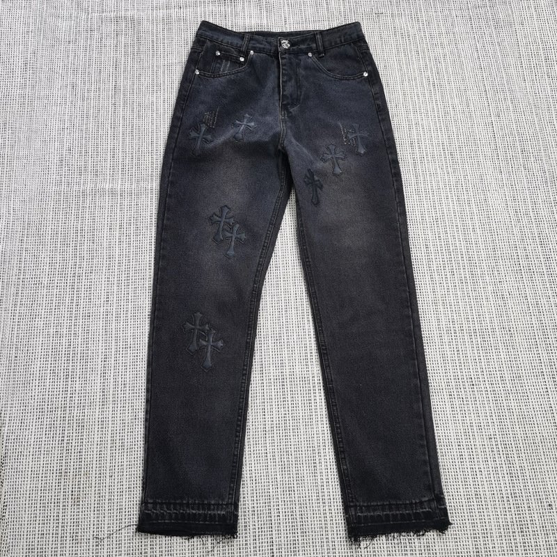 Luxury Brand Men's Vintage Jeans Heart Chrome Embroidered Cross Stitch Print Snap Button Patch Wholesale Leather Denim Pants