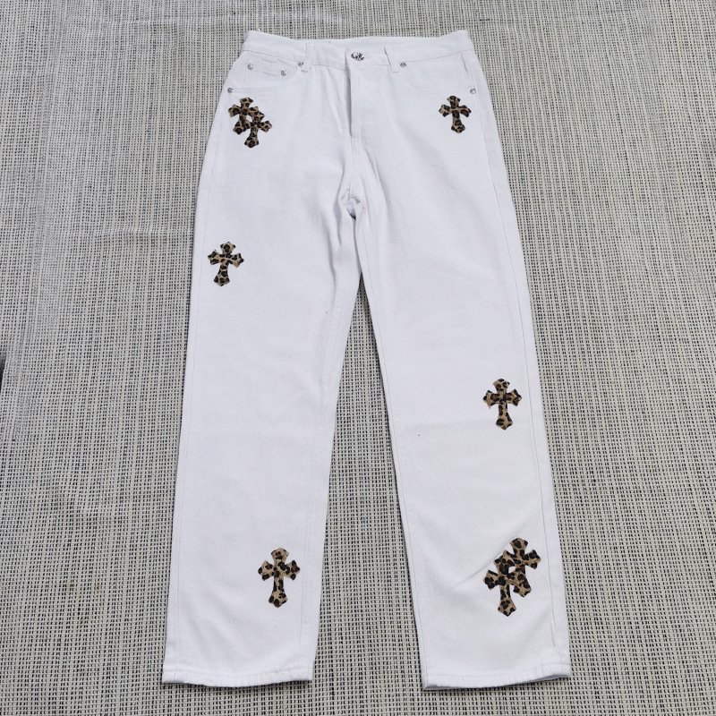 Luxury Brand Men's Vintage Jeans Heart Chrome Embroidered Cross Stitch Print Snap Button Patch Wholesale Leather Denim Pants