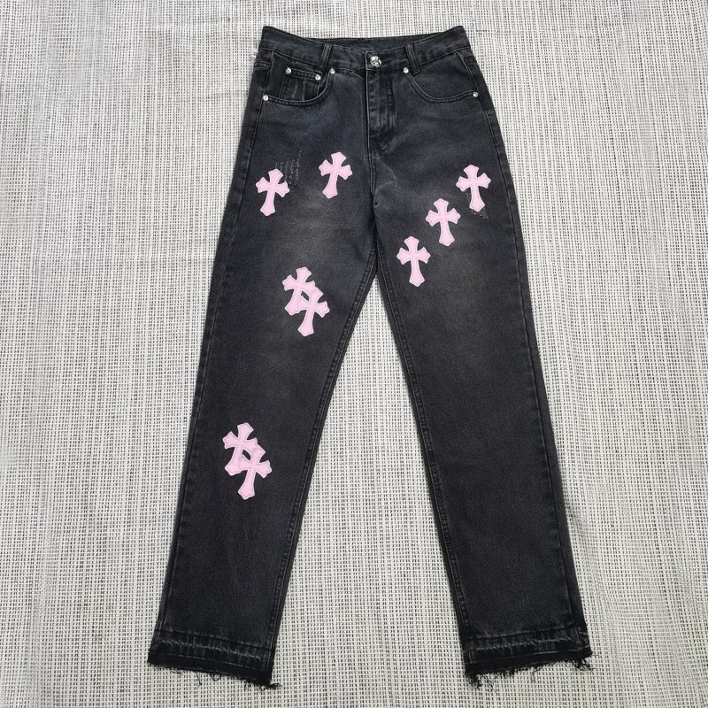 Luxury Brand Men's Vintage Jeans Heart Chrome Embroidered Cross Stitch Print Snap Button Patch Wholesale Leather Denim Pants