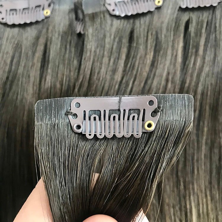 Raw virgin cambodian human hair clips ins , PU skin weft seamless clip in hair extensions