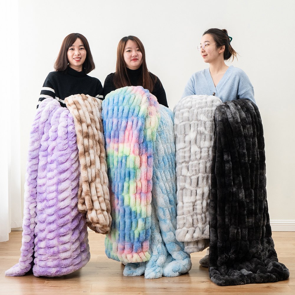 Rustic Double Layer Luxury Plush Warm Fluffy Soft Tie Dye Faux Rabbit Fur Minky Winter Throw Other Mink Blanket Adult for Winter