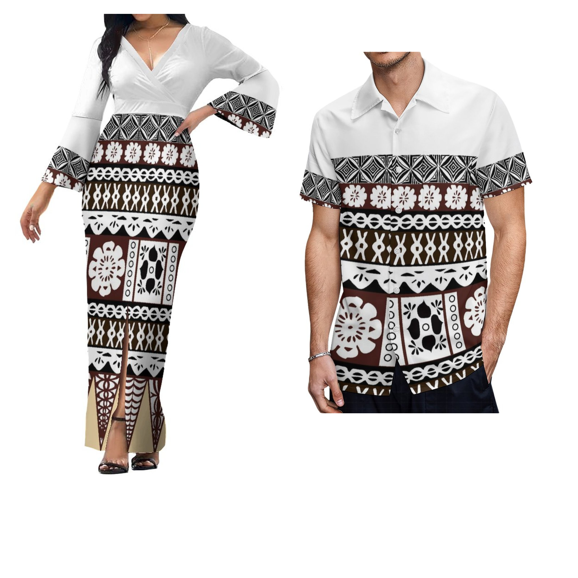 Best Price Wholesale Custom White Sunday Polynesian Tonga Tribal Women Elegant Long Dress Matching Mens Shirts Couple Clothes