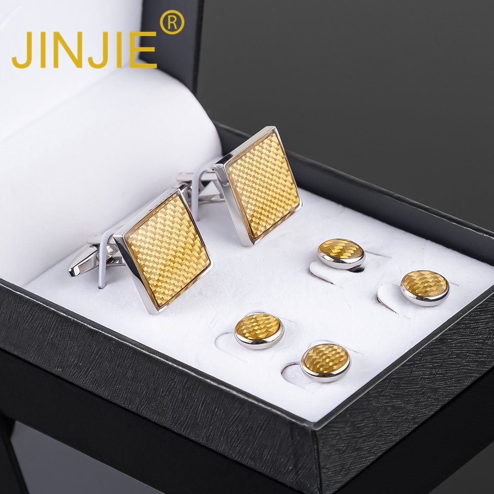 2024 JINJIE New Design Luxury Fashion square gold enamel 2+4 cufflinks and studs set for men's tuxedo gift set