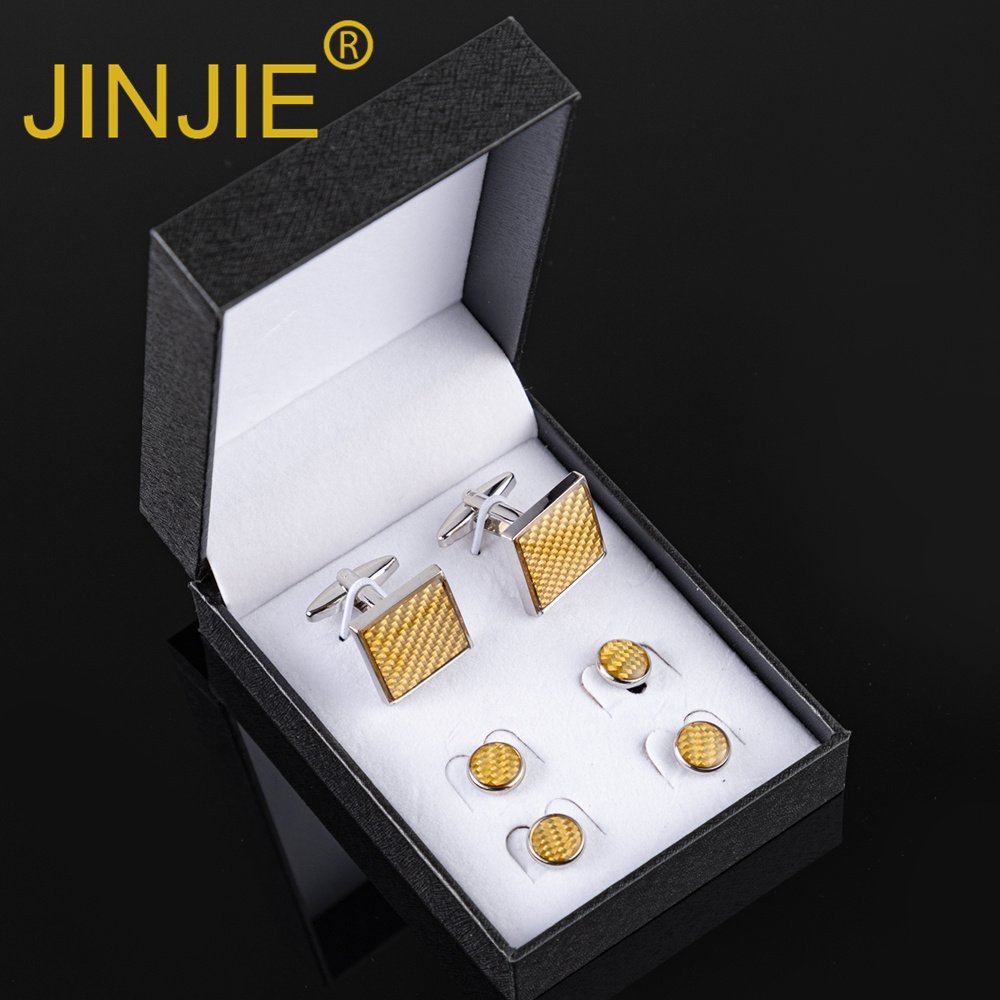 2024 JINJIE New Design Luxury Fashion square gold enamel 2+4 cufflinks and studs set for men's tuxedo gift set
