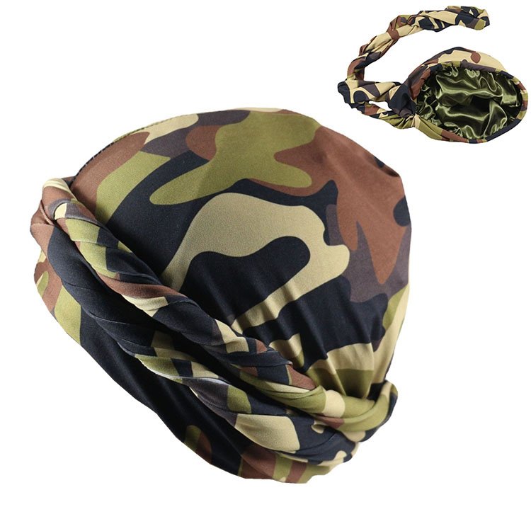 HZM-22393 Camo Satin Lined Halo Turban Head Wrap Pre-Tied Skull Cap for Men and Women Sleeping Bonnet Hair Cover Chemo Durag