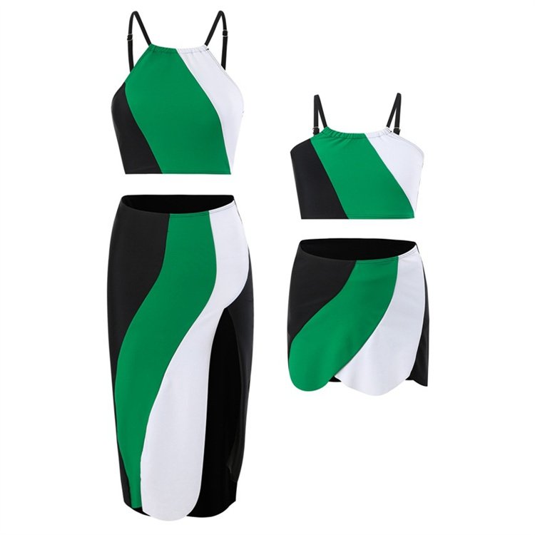 2024 New Three Piece Swimsuit Skirt Nylon Color Block Split Swimsuit Set