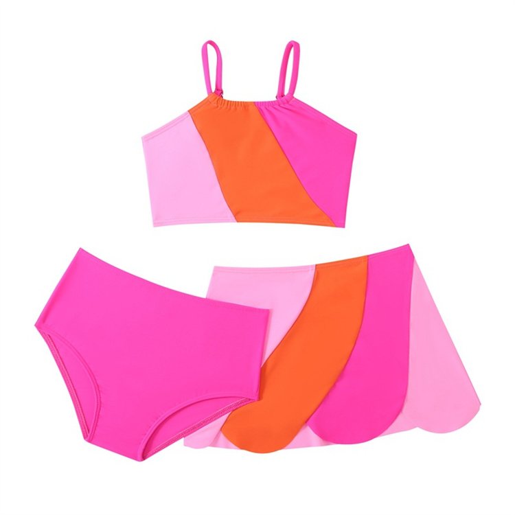 2024 New Three Piece Swimsuit Skirt Nylon Color Block Split Swimsuit Set