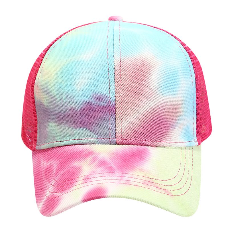 Wholesale Classic Summer Women Messy Bun Trucker Ponycap Mesh Dad Hat Custom Curved Brim Print Tie Dye Ponytail Baseball Cap