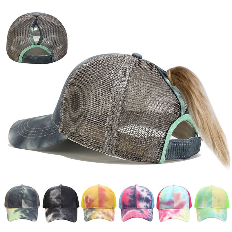 Wholesale Classic Summer Women Messy Bun Trucker Ponycap Mesh Dad Hat Custom Curved Brim Print Tie Dye Ponytail Baseball Cap