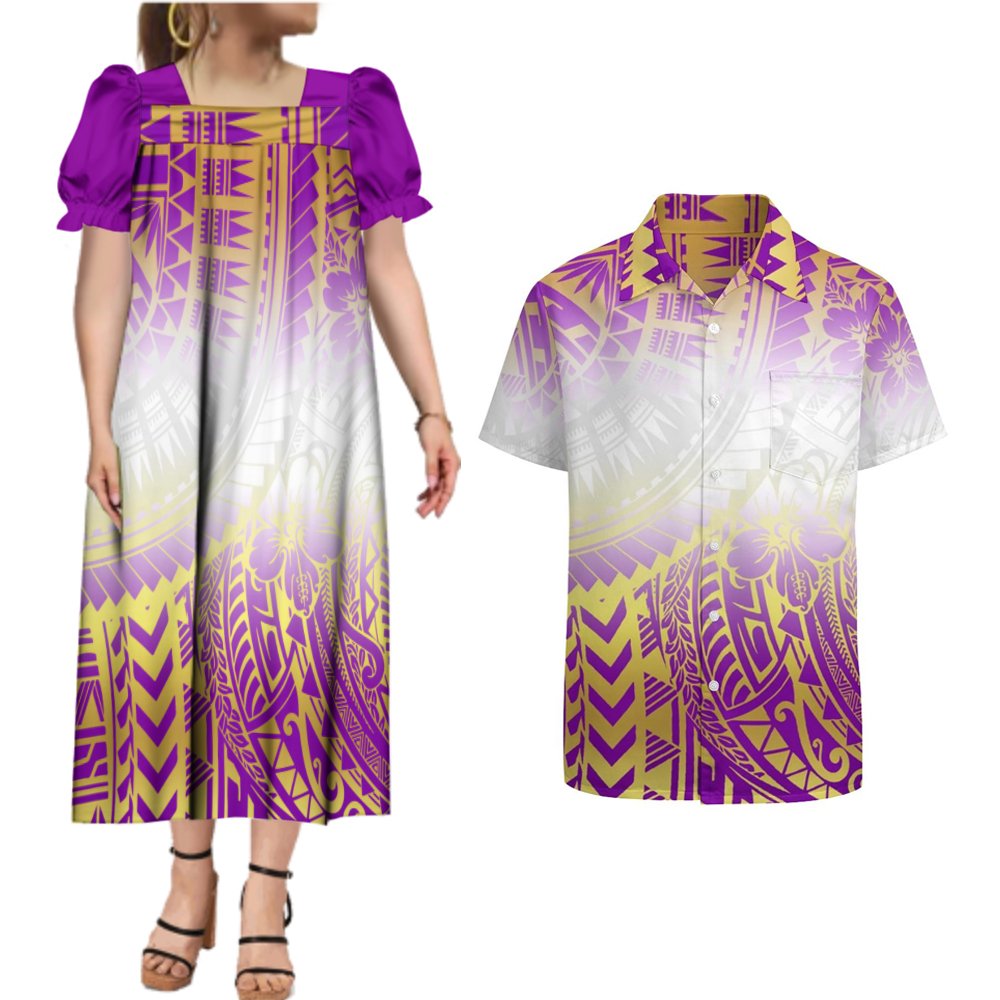 Hot Selling Custom Micronesia Mumu Dress Matching Mens Shirts Hawaiian Aloha Puffy Dress Polynesian Design Couples Clothing 2PC