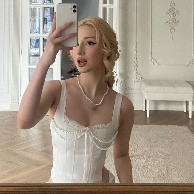 Y2K French Style Pearl Beading Tank Tops White Black Coquette Aesthetic Skinny Corset Cute Lace Bow Camisole Women 2792