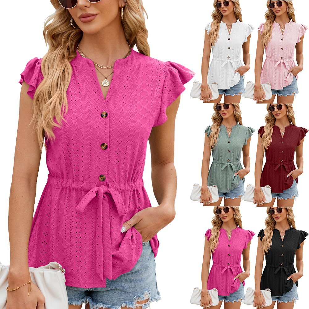 T733 Ladies Casual Round Neck Basic Pleated Top Cap Sleeve Tie Waist Modest Blouse For Fashion Women