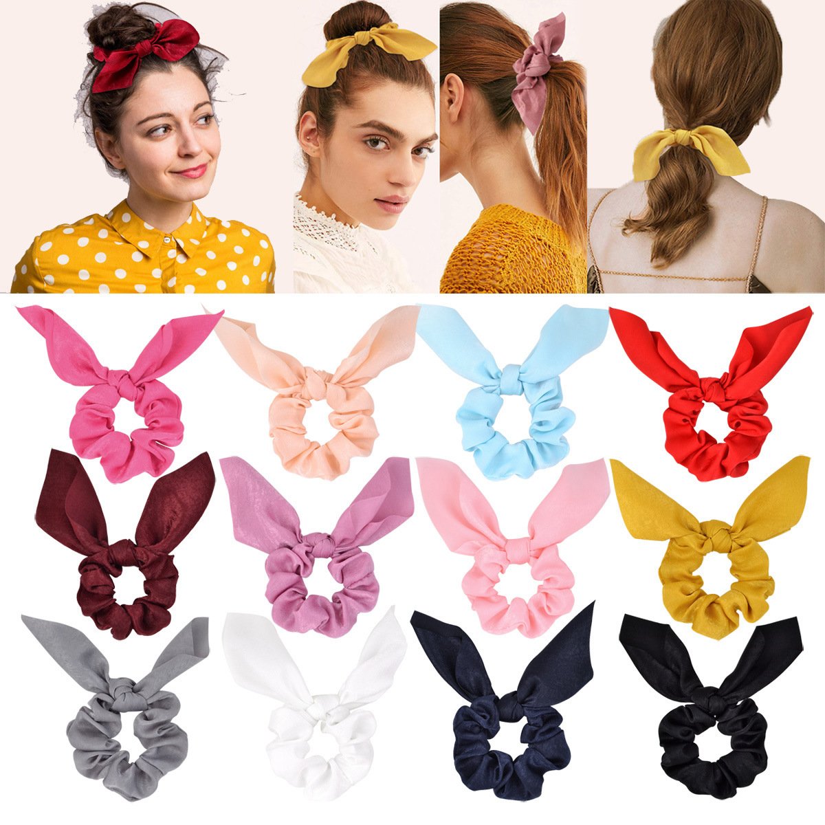 Girls Bunny Ear Bowtie Satin Silk Hair Tie Scrunchies Wholesale Women Pink Scrunchies with Bow