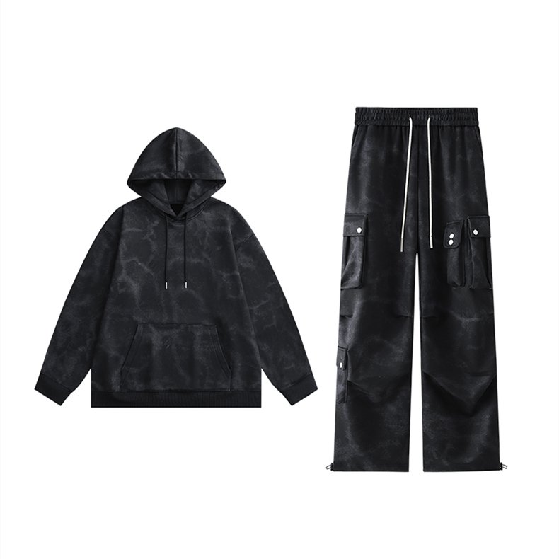 RUICHI Streetwear Cargo Pants Men's 2 Piece tie-dye Oversized hoodie Cargo Pocket Straight Legs Two Piece Set