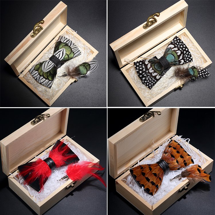 Boutique Mens Handmade Feather Bow tie Sets Boxes