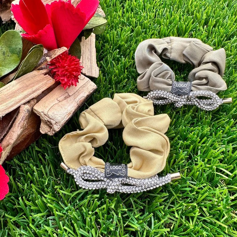 CHENGHE New Custom logo Rhinestone Ribbon Hair Scrunchies For Women Personality Fashion Stretchy Fabric Hair Ties