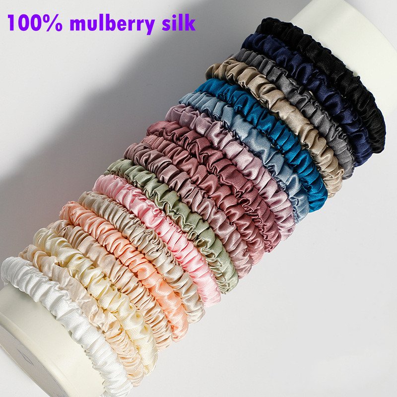 100% Natural Mulberry Silk Scrunchies Skinny Rubber Bands for Women Hair Ties 1CM Pure Silk Elastic Hairbands