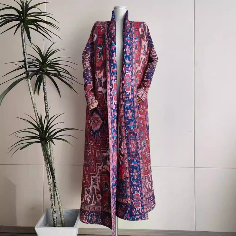 Wholesale Printed Pleated Embroidered Long Women's Cardigan Large Lapel Tie-up Robe Muslim Belt Casual Modest Women's Abaya