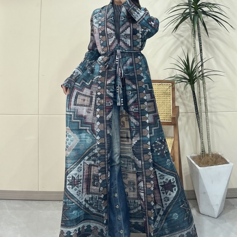 Wholesale Printed Pleated Embroidered Long Women's Cardigan Large Lapel Tie-up Robe Muslim Belt Casual Modest Women's Abaya