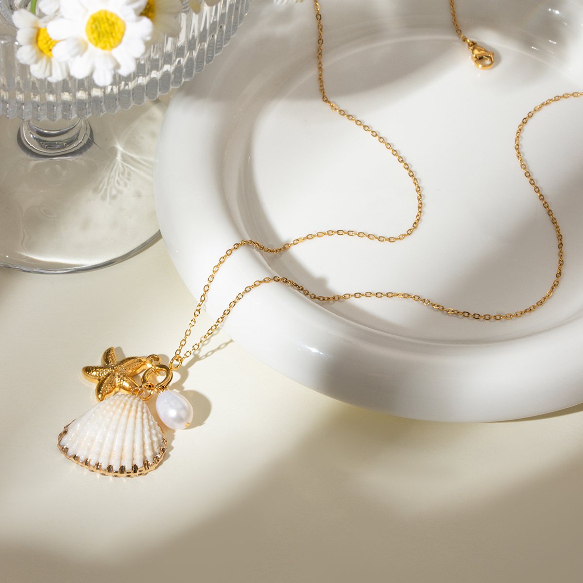 J&D 18K Gold Plated Stainless Steel Shell, Starfish, and Glass Pearl Pendant Necklace, 45+5cm