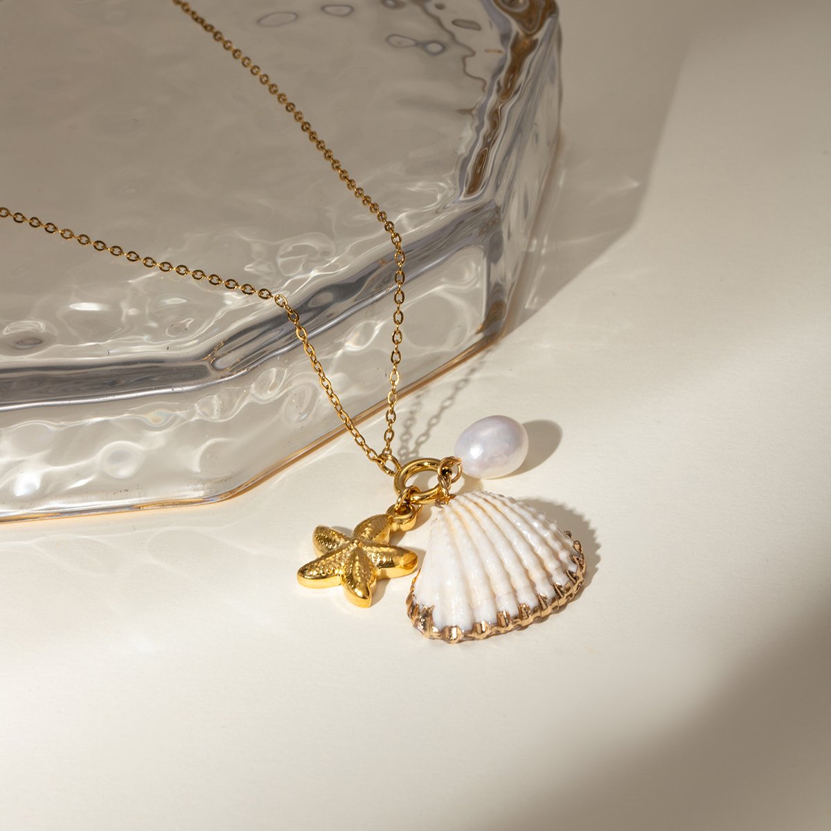 J&D 18K Gold Plated Stainless Steel Shell, Starfish, and Glass Pearl Pendant Necklace, 45+5cm