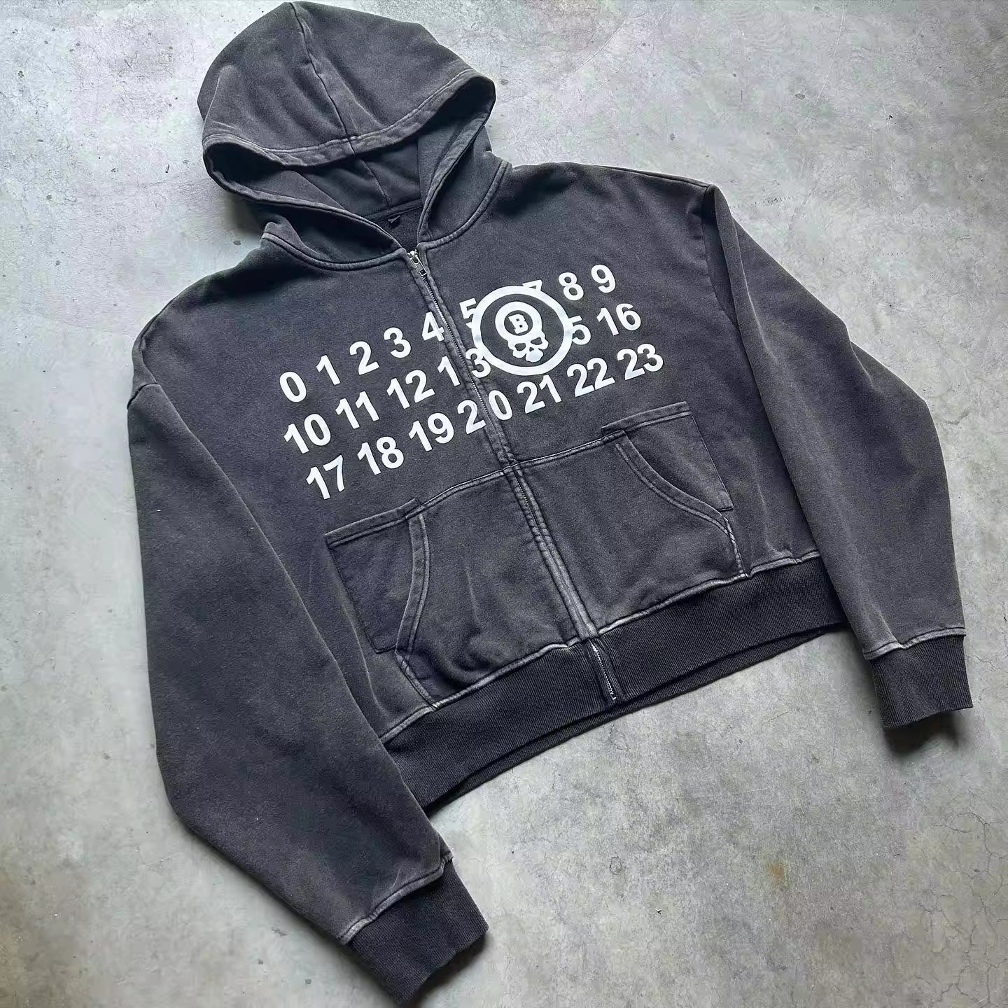 OEM Custom manufacturer wholesale 100%cotton french terry black screen print men vintage zip up acid wash cropped hoodie