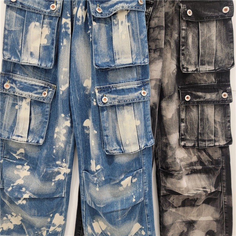 High Quality Tie Dye Gradient Jeans Black High Waist Wide Leg Multiple Pockets Baggy Cargo Denim Pants For Women
