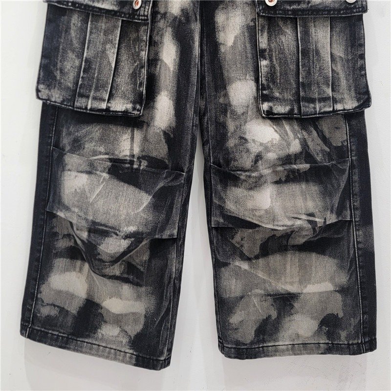 High Quality Tie Dye Gradient Jeans Black High Waist Wide Leg Multiple Pockets Baggy Cargo Denim Pants For Women