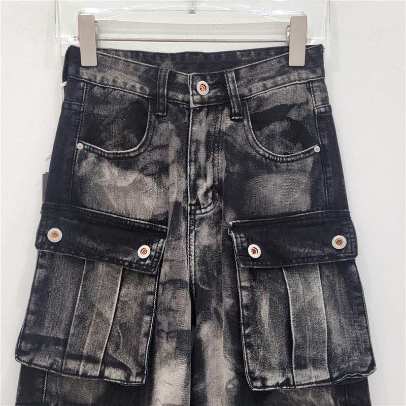 High Quality Tie Dye Gradient Jeans Black High Waist Wide Leg Multiple Pockets Baggy Cargo Denim Pants For Women