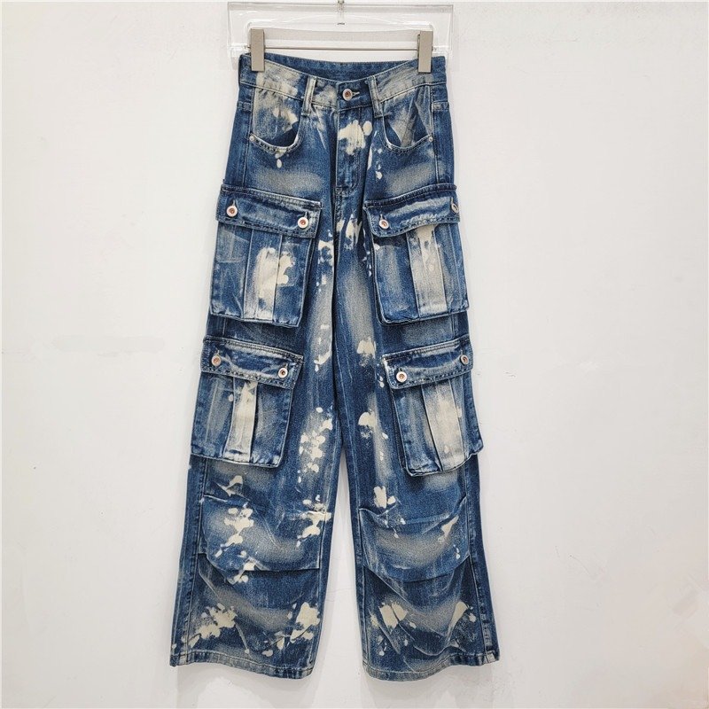 High Quality Tie Dye Gradient Jeans Black High Waist Wide Leg Multiple Pockets Baggy Cargo Denim Pants For Women