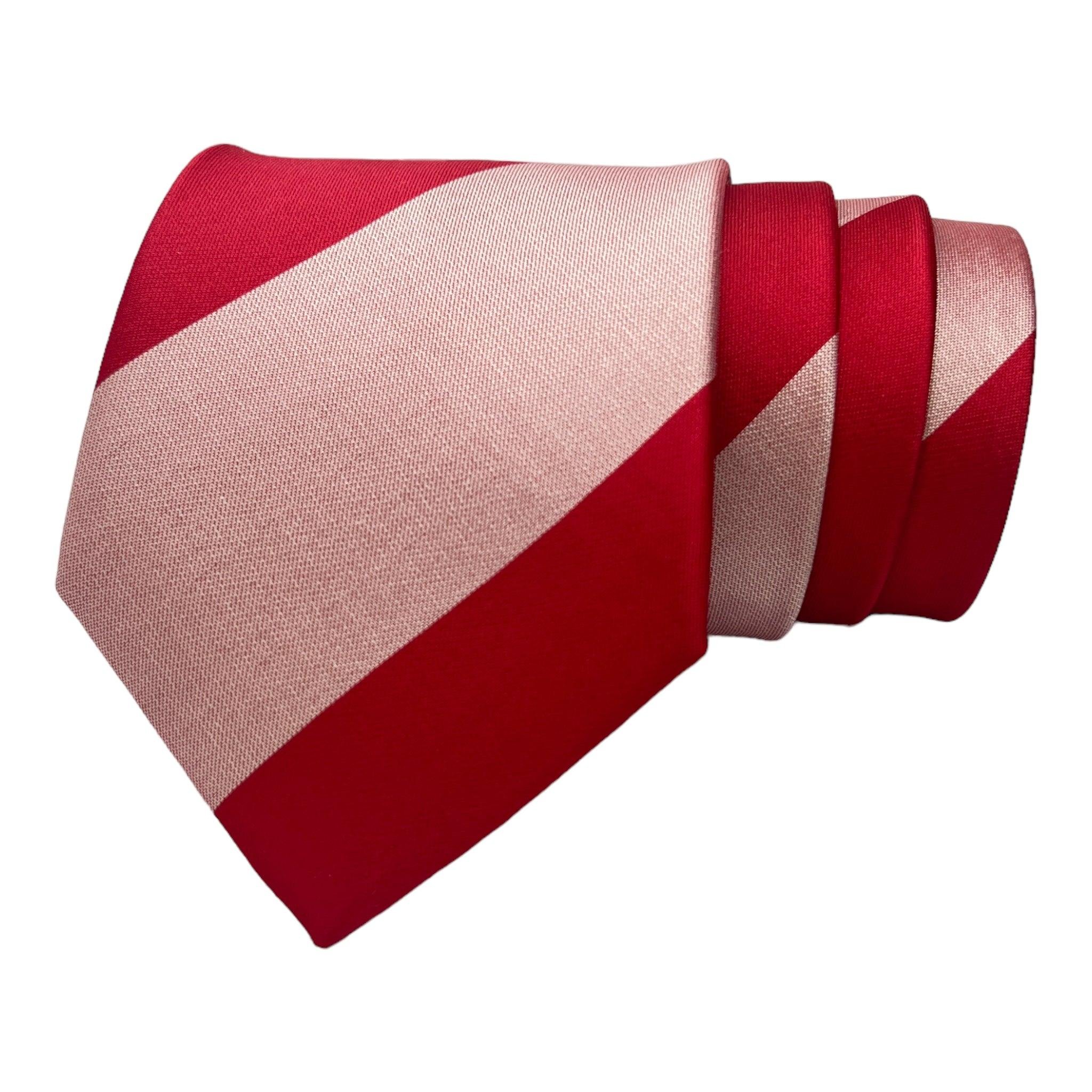 Red And Blush Pink Dual Broad Stripe Tie And Pocket Square Combo