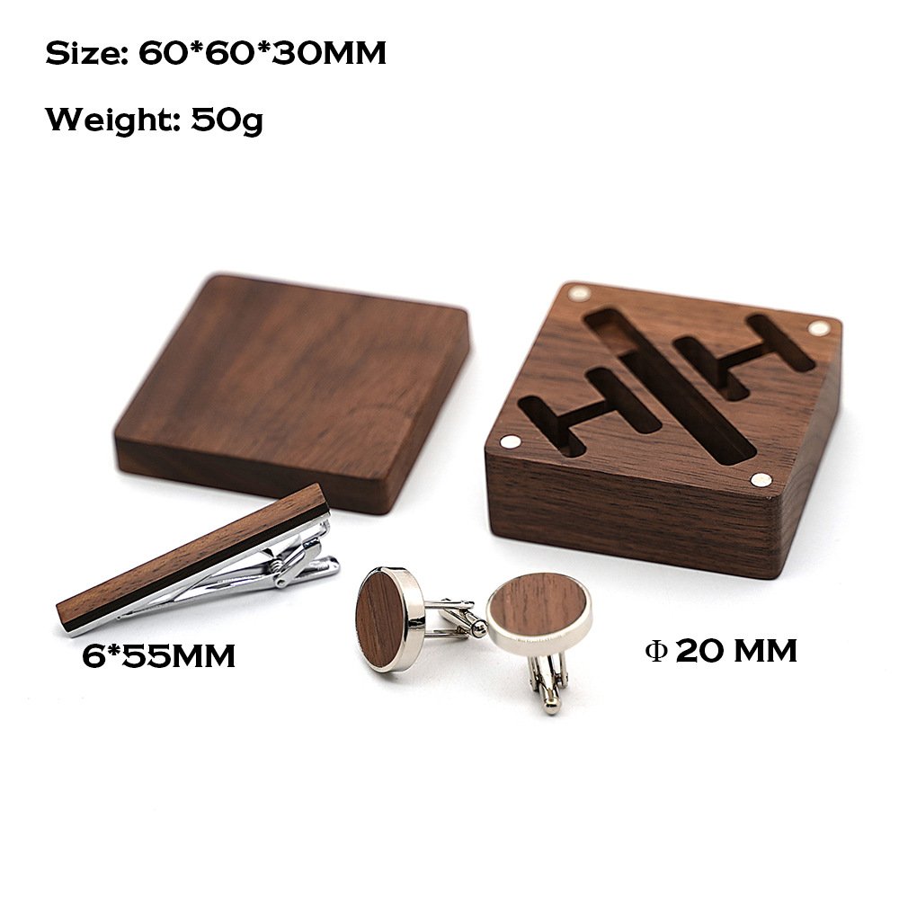 2023 New Custom logo walnut solid tie clip with cufflink wooden box set for men