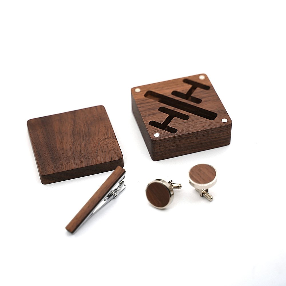 2023 New Custom logo walnut solid tie clip with cufflink wooden box set for men