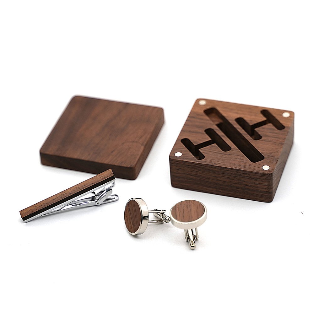 2023 New Custom logo walnut solid tie clip with cufflink wooden box set for men