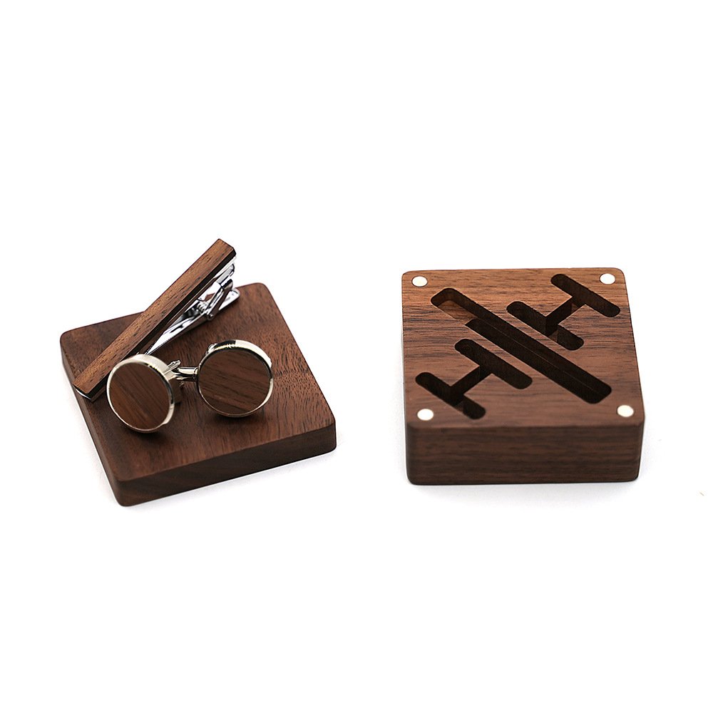 2023 New Custom logo walnut solid tie clip with cufflink wooden box set for men