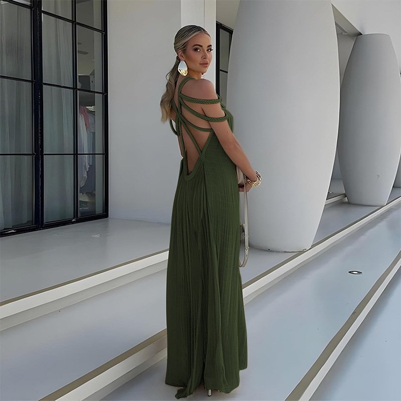 STOCK 4Colors Strappy Details Women Summer Dress Loose Maxi Dress Swimwear CoverUp Beachwear