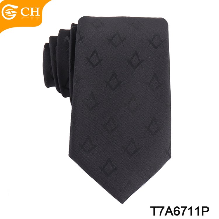 OEM ODM Manufacturer Uniform Neckties Good Quality Jacquard Woven Black Men's Ties Customized Logo 100% Polyester Masonic Tie