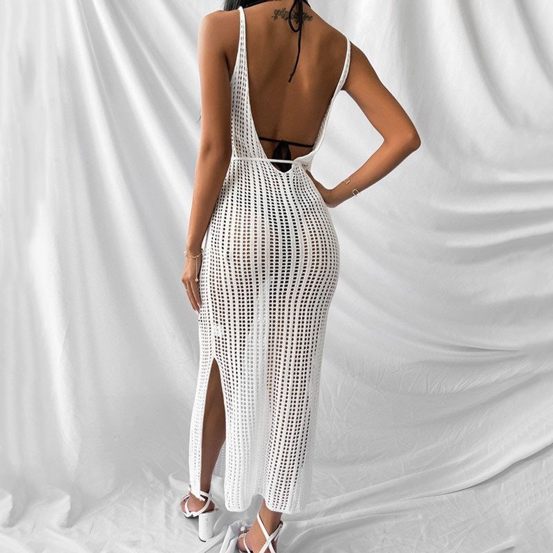 Sexy Multi Colors See Through Crochet Backless Sleeveless Rayon Figure Hugging Knitting Maxi Beach Dress